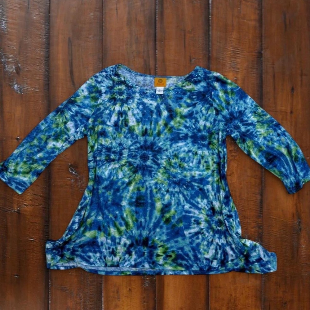 Ruby Rd Blue Green Tie Dye Rhinestone Tunic Top 3/4 Sleeve Boho Cottagecore L